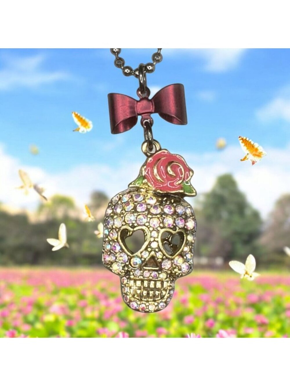 Skull with Rose and Bow Necklace Gift Boxed Enamel Rhinestones Goth Halloween v2